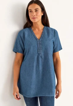 Sale Denimtunika med dekorativ v-ringning Tunikor|Jeansplagg