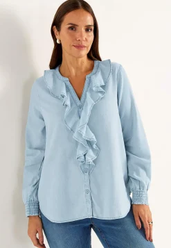 Discount Volangblus i denim Toppar & T-Shirts|Skjortor & Blusar